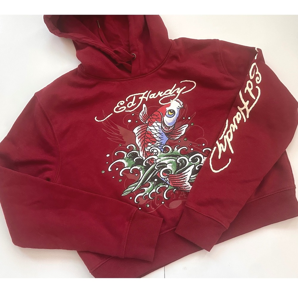Ed‎ Hardy Womens Koi Fish Cropped Hoodie Maroon Red EHWR1501-8 Large